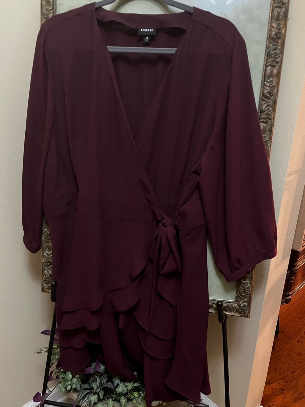torrid Burgundy Wrap Tunic Blouse with Ruffle Tiers - 3x